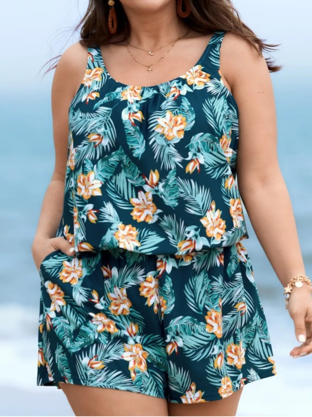 Teal Floral Swimsuit Romper